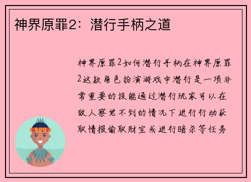 神界原罪2：潜行手柄之道