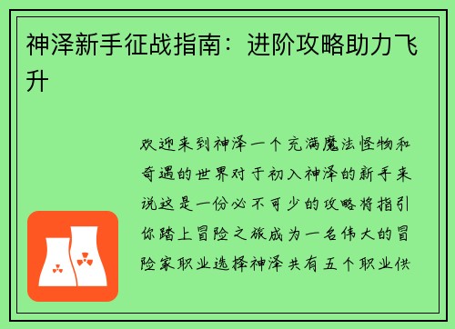 神泽新手征战指南：进阶攻略助力飞升
